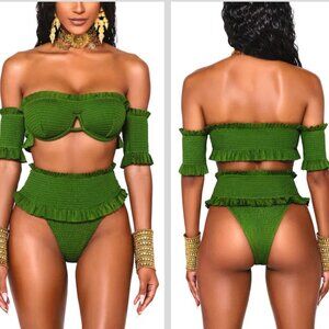 New! BFYNE Blayze Green Ruffled Smocked Bikini Bottom 10482